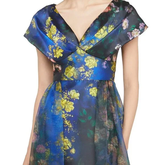 NWT Theia Nadia Draped Floral Mikado V-Neck Gown - Picture 3 of 8